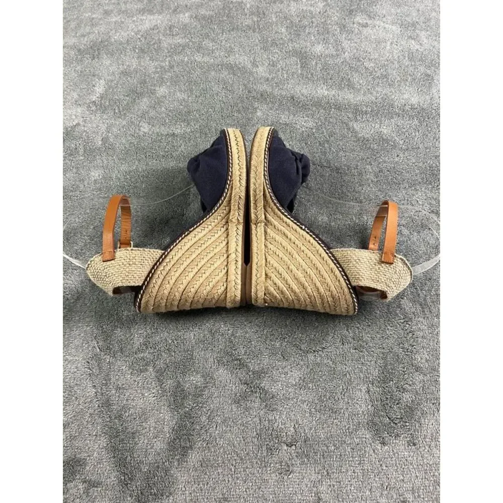Tory Burch Macy Linen Espadrille Wedge Sandals Sz 7B Blue Twist Knot Ankle Strap